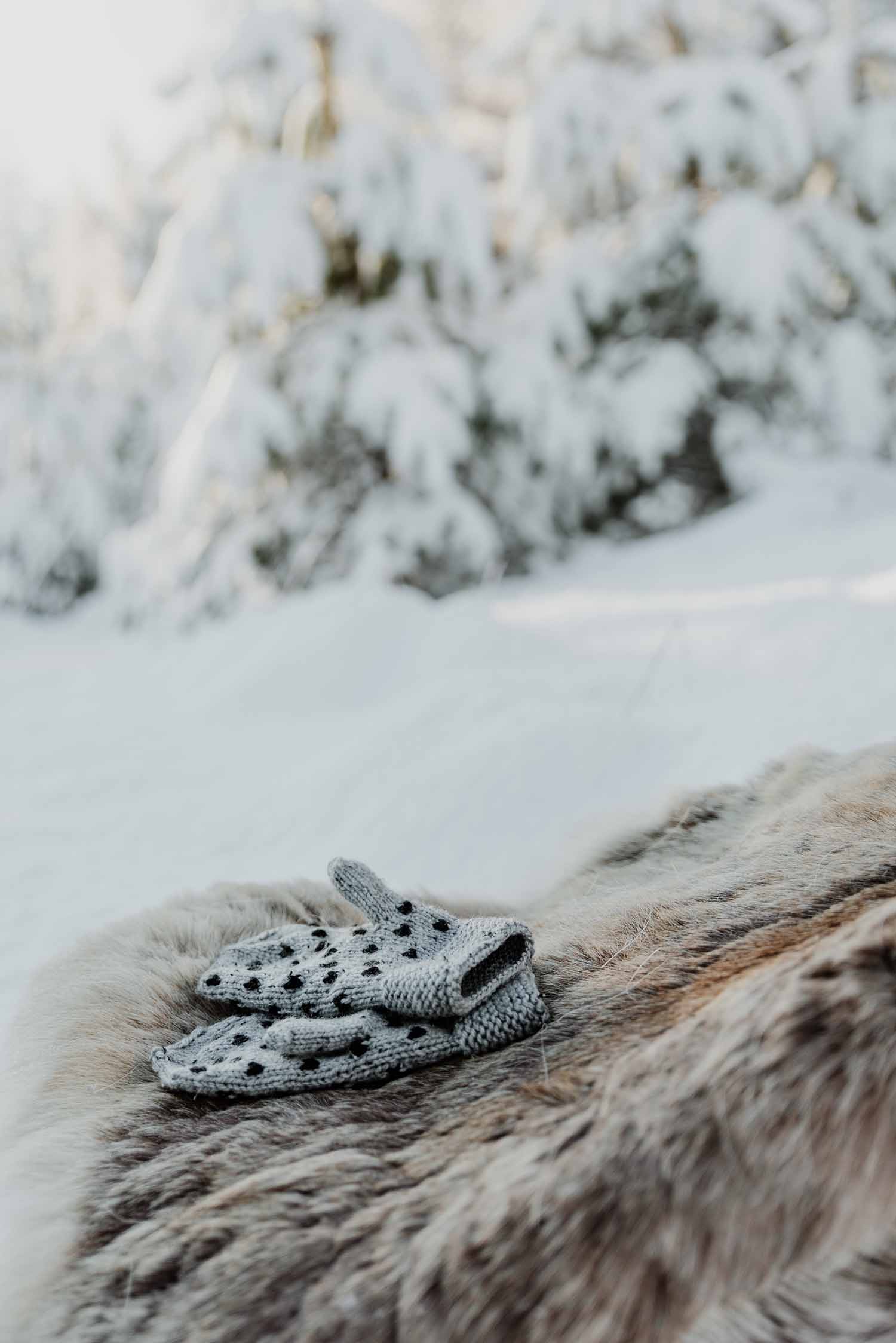 a pair of mittens on a fur in the snow